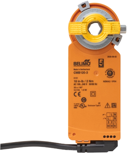 HAC Inline Damper with Belimo CMB120-3 — Floating Point, 3-Wire, 100–230 Vac, 6"–20", Holds Last Position